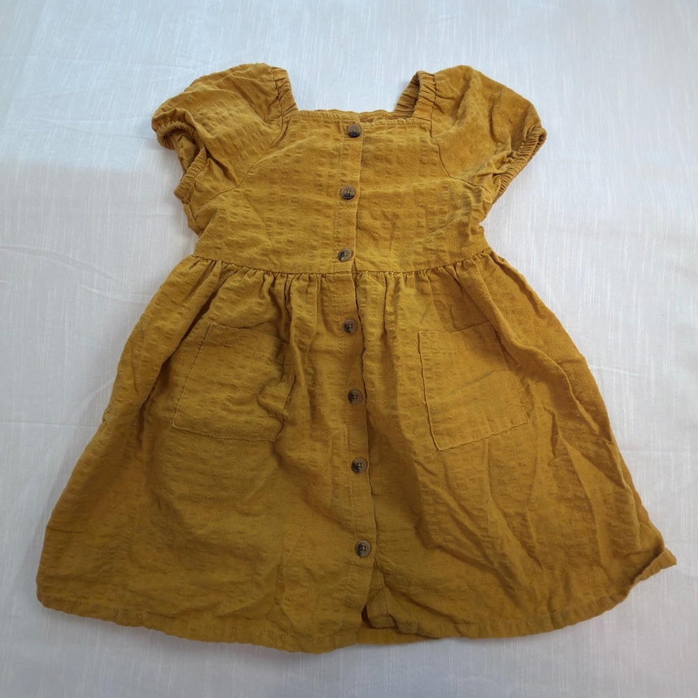 Old Navy Button Front Dress Kids 3T Yellow Excellent Puff Sleeve Seersucker